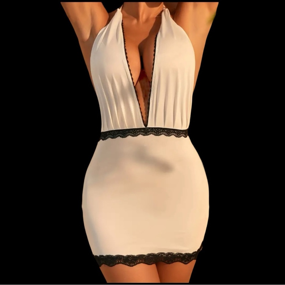 White Lace Trim Halter Lingerie Night Dress